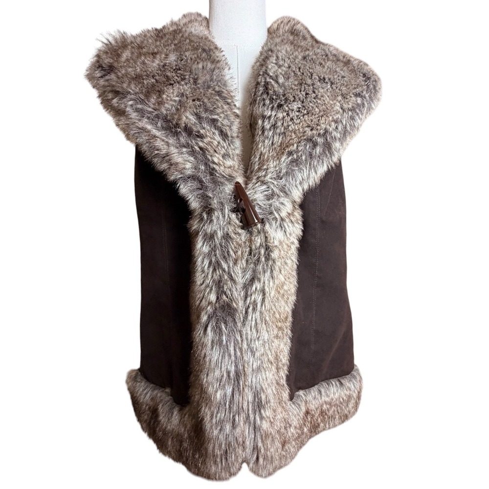 AMX Y2K Faux Suede Faux Fur Trim Vest Brown Petite Large